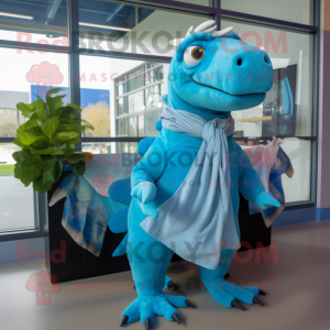 Cyan Iguanodon mascot costume character dressed with a Coat and Scarf clips