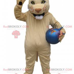 Cream lioness mascot with a blue balloon - Redbrokoly.com