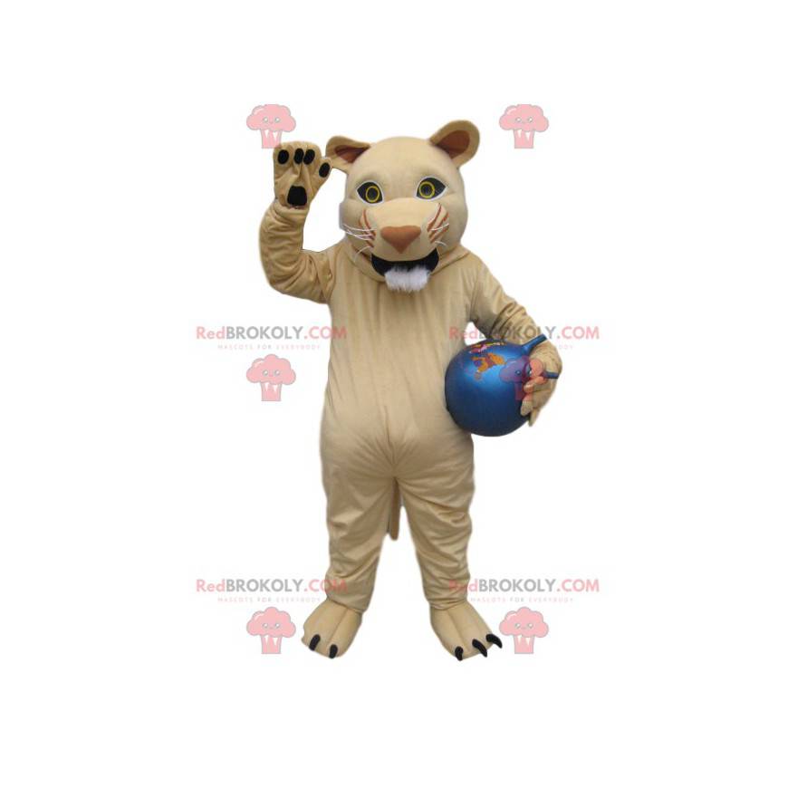 Mascotte de lionne crème avec un ballon bleu - Redbrokoly.com