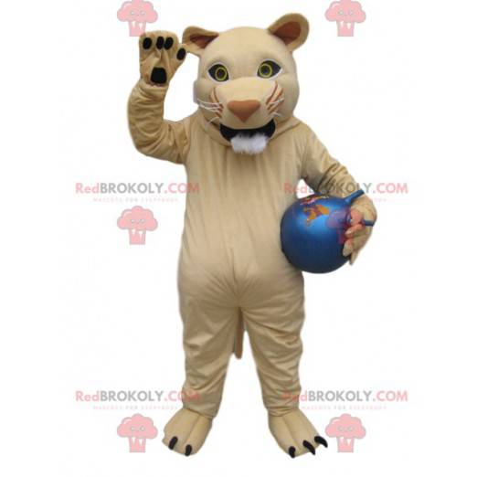 Mascotte de lionne crème avec un ballon bleu - Redbrokoly.com