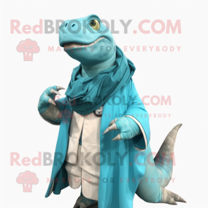 Cyan Iguanodon mascot costume character dressed with a Coat and Scarf clips