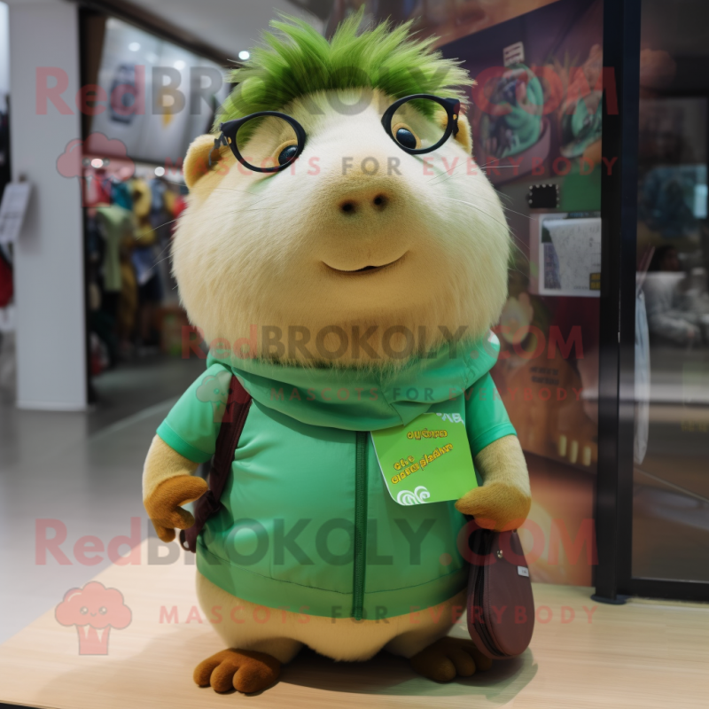 Green Guinea Pig mascot costume character dressed with a Jeggings and Eyeglasses