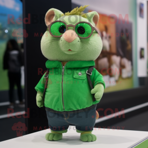 Green Guinea Pig mascot costume character dressed with a Jeggings and Eyeglasses