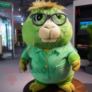 Green Guinea Pig mascot costume character dressed with a Jeggings and Eyeglasses