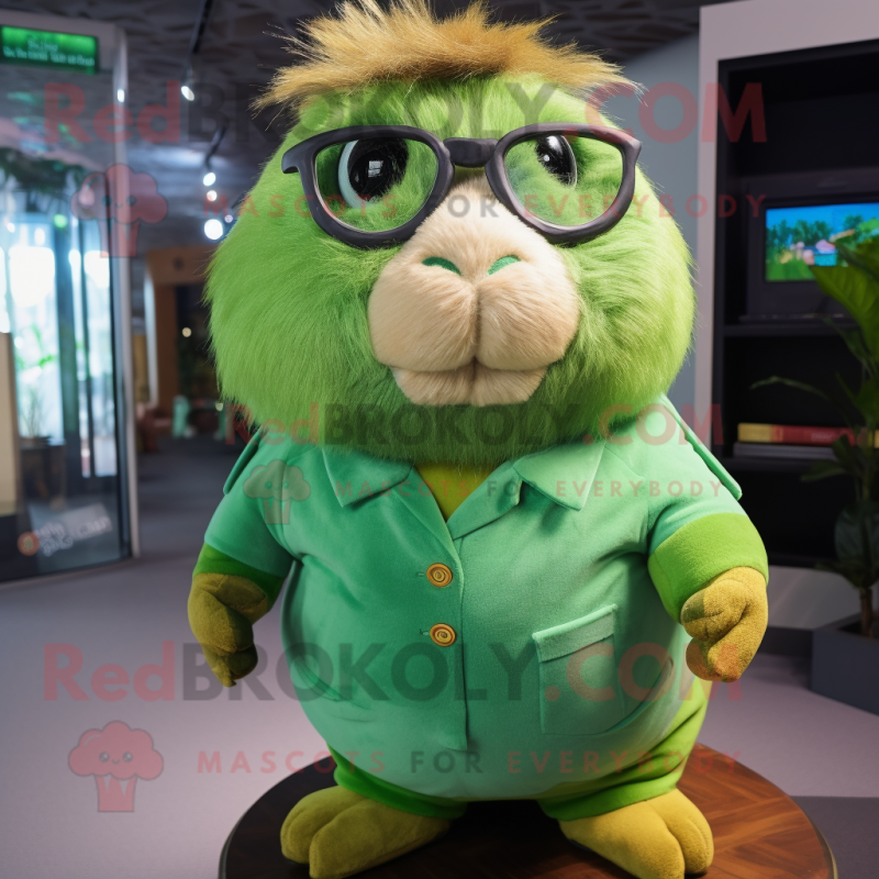 Green Guinea Pig mascot costume character dressed with a Jeggings and Eyeglasses