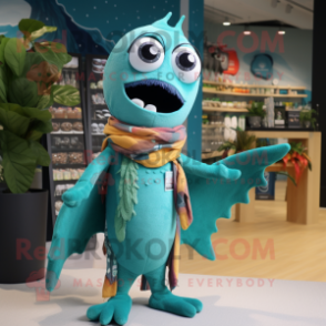 Turquoise Ceviche mascot costume character dressed with a Cardigan and Scarf clips