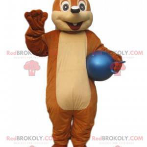 Mascote pequeno esquilo marrom com um balão azul -