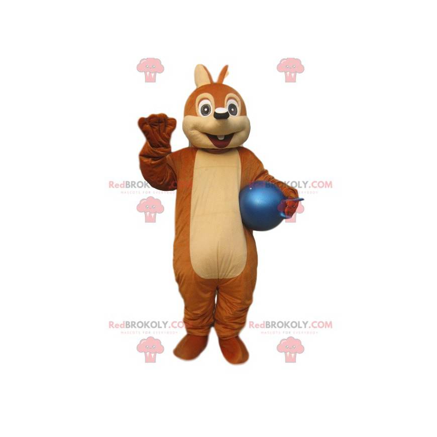 Mascotte de petit écureuil marron avec un ballon bleu -