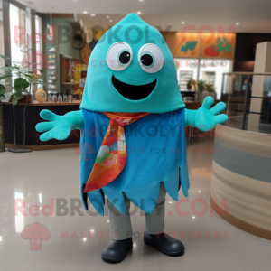 Turquoise Ceviche mascot costume character dressed with a Cardigan and Scarf clips