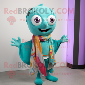 Turquoise Ceviche mascot costume character dressed with a Cardigan and Scarf clips