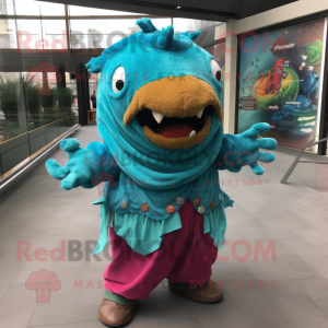 Turquoise Ceviche mascot costume character dressed with a Cardigan and Scarf clips