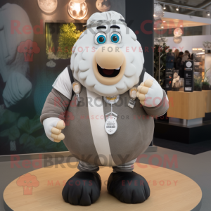 Silver Potato mascot costume character dressed with a Rugby Shirt and Rings