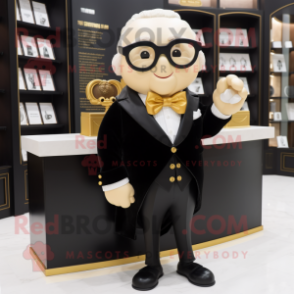 Gold Attorney mascot costume character dressed with a Tuxedo and Eyeglasses