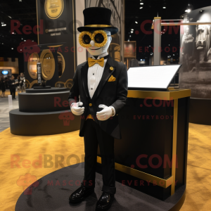 Gold Attorney mascot costume character dressed with a Tuxedo and Eyeglasses