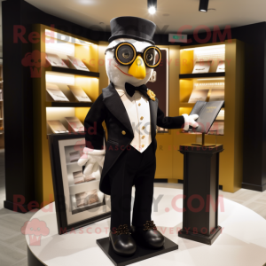 Gold Attorney mascot costume character dressed with a Tuxedo and Eyeglasses