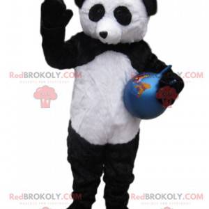 Black and white panda mascot with a blue balloon -