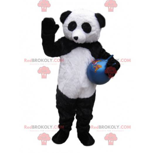 Zwart-witte panda-mascotte met een blauwe ballon -