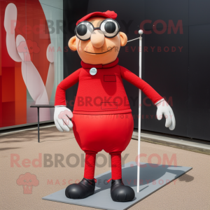 Red Tightrope Walker mascot costume character dressed with a Rugby Shirt and Sunglasses