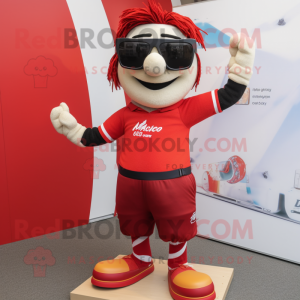 Red Tightrope Walker mascot costume character dressed with a Rugby Shirt and Sunglasses