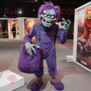 Purple Zombie mascot costume character dressed with a Overalls and Handbags