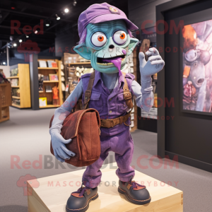 Purple Zombie mascot costume character dressed with a Overalls and Handbags