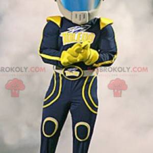 Mascota piloto motociclista vestida con un traje de dos tonos -
