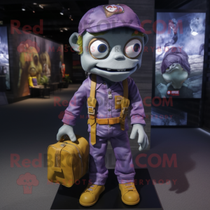 Purple Zombie mascot costume character dressed with a Overalls and Handbags
