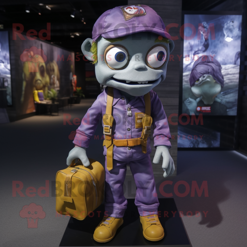 Purple Zombie mascot costume character dressed with a Overalls and Handbags Purple Zombie mascot costume character dressed with a Overalls and Handbags