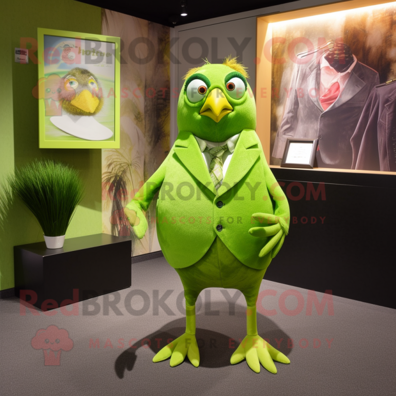 Lime Green Quail mascot costume character dressed with a Suit Pants and Lapel pins