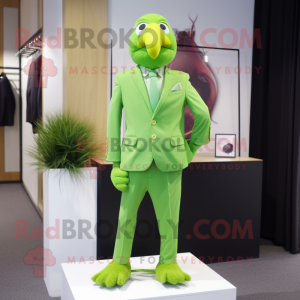 Lime Green Quail mascot costume character dressed with a Suit Pants and Lapel pins