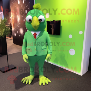 Lime Green Quail mascot costume character dressed with a Suit Pants and Lapel pins