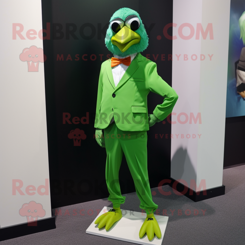 Lime Green Quail mascot costume character dressed with a Suit Pants and Lapel pins