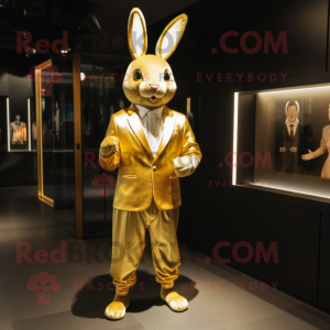 Gold Rabbit mascot costume character dressed with a Jumpsuit and Tie pins