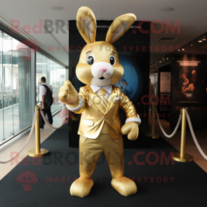 Gold Rabbit mascot costume character dressed with a Jumpsuit and Tie pins