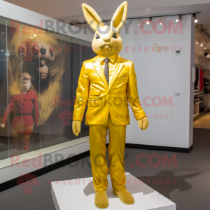 Gold Rabbit mascot costume character dressed with a Jumpsuit and Tie pins