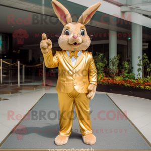 Gold Rabbit mascot costume character dressed with a Jumpsuit and Tie pins