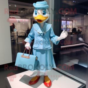 Sky Blue Muscovy Duck mascot costume character dressed with a Wrap Dress and Handbags