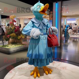Sky Blue Muscovy Duck mascot costume character dressed with a Wrap Dress and Handbags