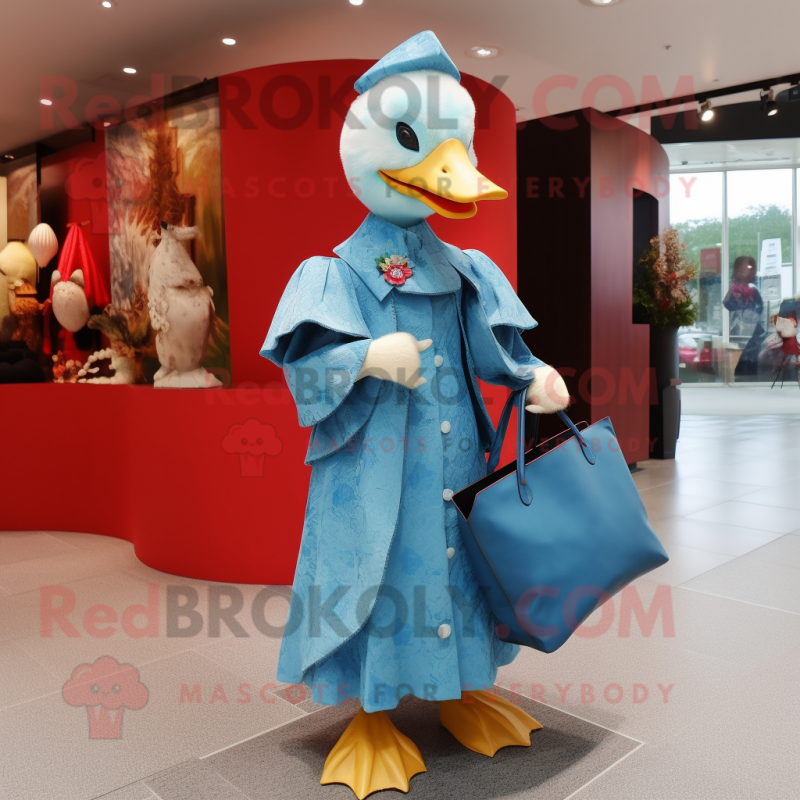 Sky Blue Muscovy Duck mascot costume character dressed with a Wrap Dress and Handbags