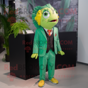 Lime Green Goldfish mascot costume character dressed with a Blazer and Necklaces