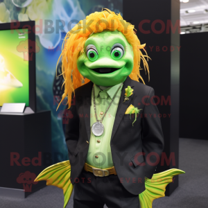 Lime Green Goldfish mascot costume character dressed with a Blazer and Necklaces