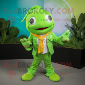 Lime Green Goldfish mascot costume character dressed with a Blazer and Necklaces