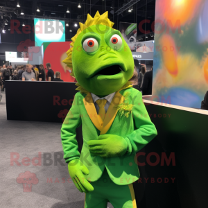 Lime Green Goldfish mascot costume character dressed with a Blazer and Necklaces