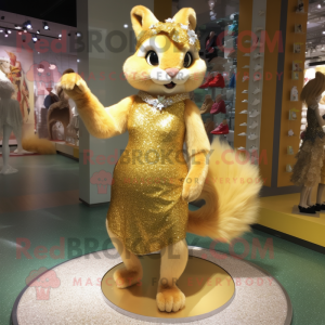 Gold Squirrel mascot costume character dressed with a Mini Dress and Shoe clips