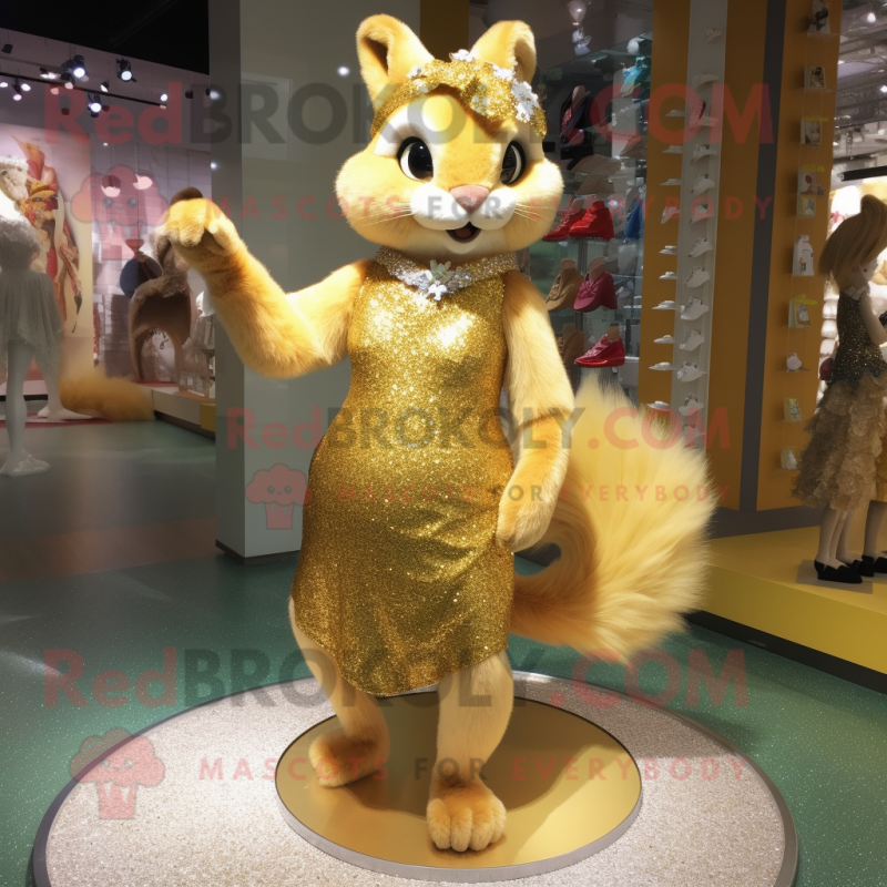 Gold Squirrel mascot costume character dressed with a Mini Dress and Shoe clips Gold Squirrel mascot costume character dressed with a Mini Dress and Shoe clips