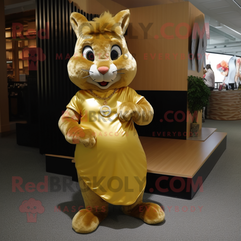 Gold Squirrel mascot costume character dressed with a Mini Dress and Shoe clips