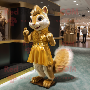 Gold Squirrel mascot costume character dressed with a Mini Dress and Shoe clips