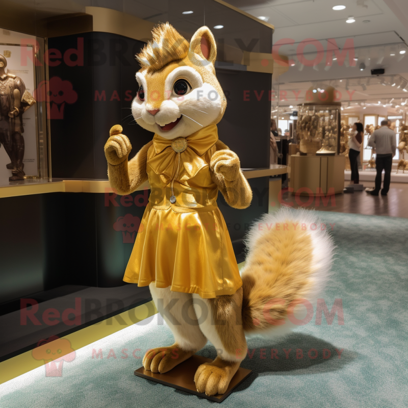 Gold Squirrel mascot costume character dressed with a Mini Dress and Shoe clips