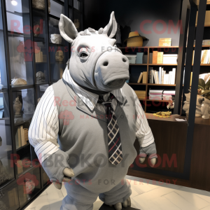 Gray Rhinoceros mascot costume character dressed with a Oxford Shirt and Scarf clips