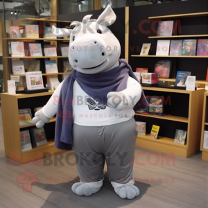 Gray Rhinoceros mascot costume character dressed with a Oxford Shirt and Scarf clips